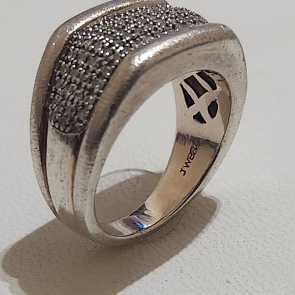 Vintage JWBR Sterling Silver & Natural Diamond Pavé Wide Band Ring - Picture 9 of 12
